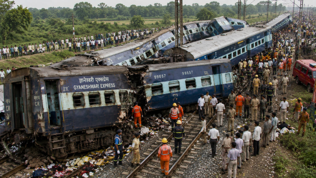 2010 की ज्ञानेश्वरी एक्सप्रेस रेल दुर्घटना (पश्चिम बंगाल) का यथार्थवादी चित्र, जिसमें पटरी से उतरी ट्रेन के क्षतिग्रस्त डिब्बे, राहत एवं बचाव अभियान और दुर्घटनास्थल का दृश्य दिखाया गया है।