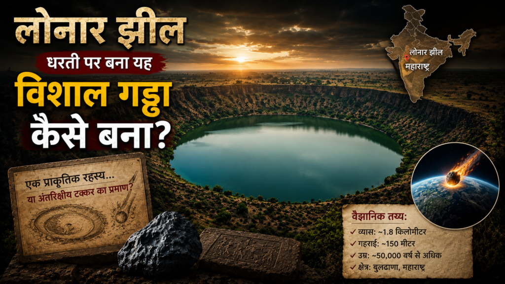 लोनार झील का रहस्य – महाराष्ट्र की प्रसिद्ध उल्कापिंड से बनी झील, उसके विशाल क्रेटर, वैज्ञानिक शोध और ऐतिहासिक महत्व का दृश्य