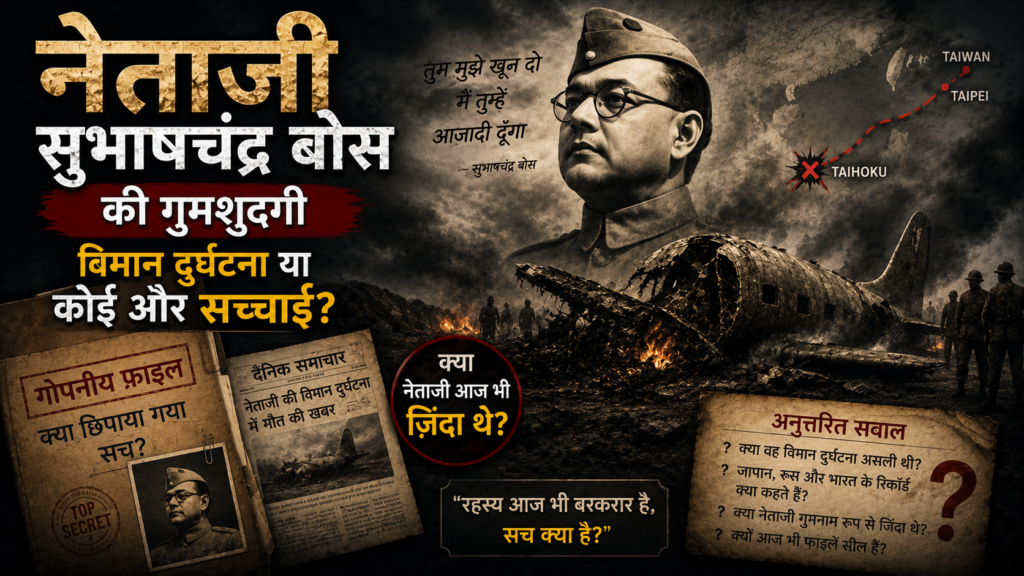 नेताजी सुभाषचंद्र बोस की गुमशुदगी का रहस्य – विमान दुर्घटना, आधिकारिक जांच आयोगों, ऐतिहासिक दस्तावेज़ों और विभिन्न सिद्धांतों से जुड़ा रहस्यमयी दृश्य
