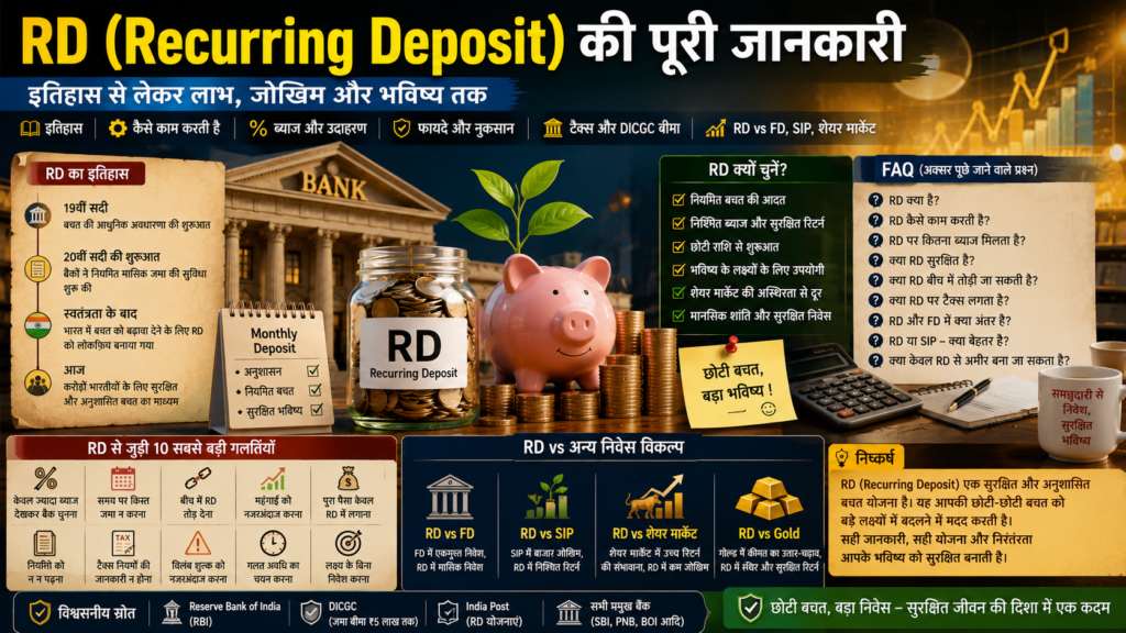 RD (Recurring Deposit) की पूरी जानकारी, FAQ, FD, SIP और शेयर मार्केट से तुलना, सुरक्षित निवेश गाइड