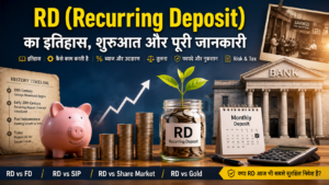 RD (Recurring Deposit) का इतिहास, बैंक, मासिक निवेश, ब्याज, बचत और सुरक्षित निवेश की जानकारी दर्शाती फीचर इमेज