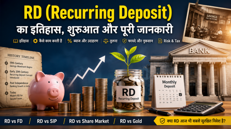 RD (Recurring Deposit) का इतिहास, बैंक, मासिक निवेश, ब्याज, बचत और सुरक्षित निवेश की जानकारी दर्शाती फीचर इमेज