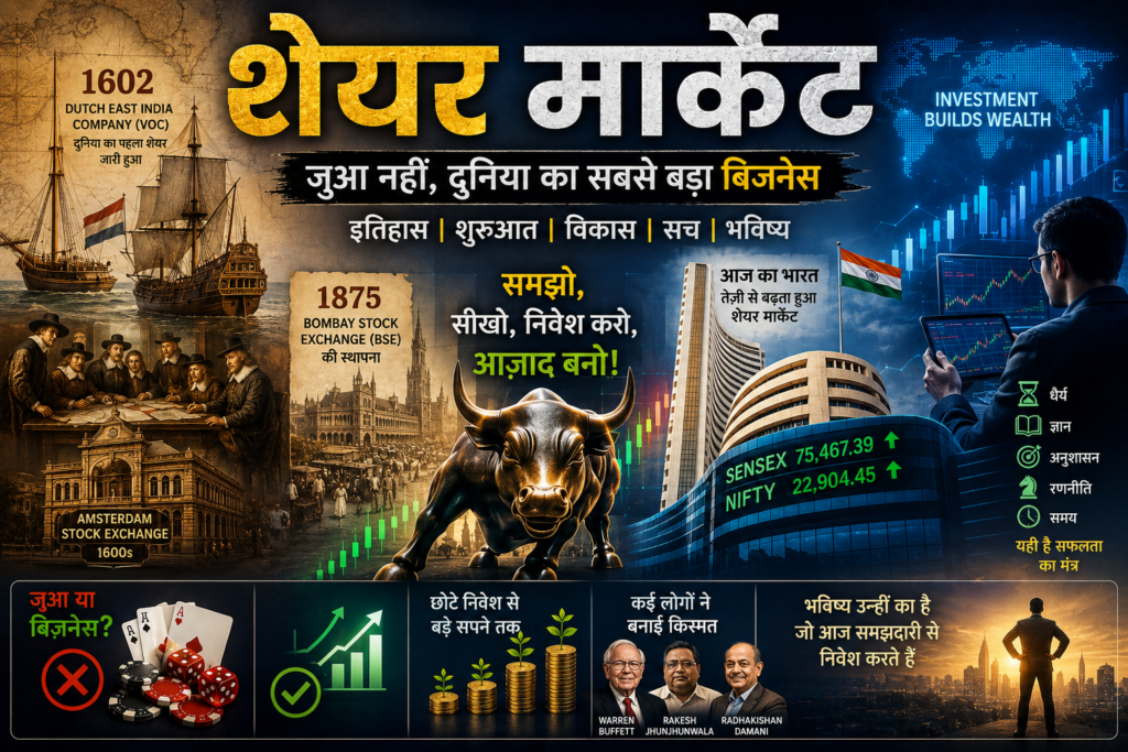 शेयर मार्केट के इतिहास को दर्शाती फीचर इमेज, जिसमें पुराने स्टॉक एक्सचेंज, निवेश और शेयर बाजार के विकास की झलक दिखाई गई है।