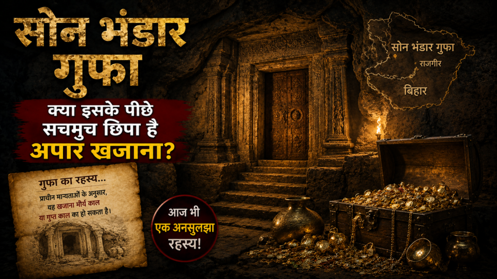 सोन भंडार गुफा का रहस्य – बिहार के राजगीर स्थित प्राचीन गुफा, छिपे खजाने की लोककथाओं, ऐतिहासिक प्रमाणों और पुरातात्विक महत्व का दृश्य