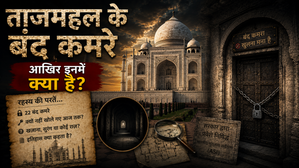 ताजमहल के बंद कमरों का रहस्य – आगरा स्थित ताजमहल के सीलबंद कमरों, ऐतिहासिक अभिलेखों, पुरातात्विक तथ्यों और उनसे जुड़े विवादों का दृश्य