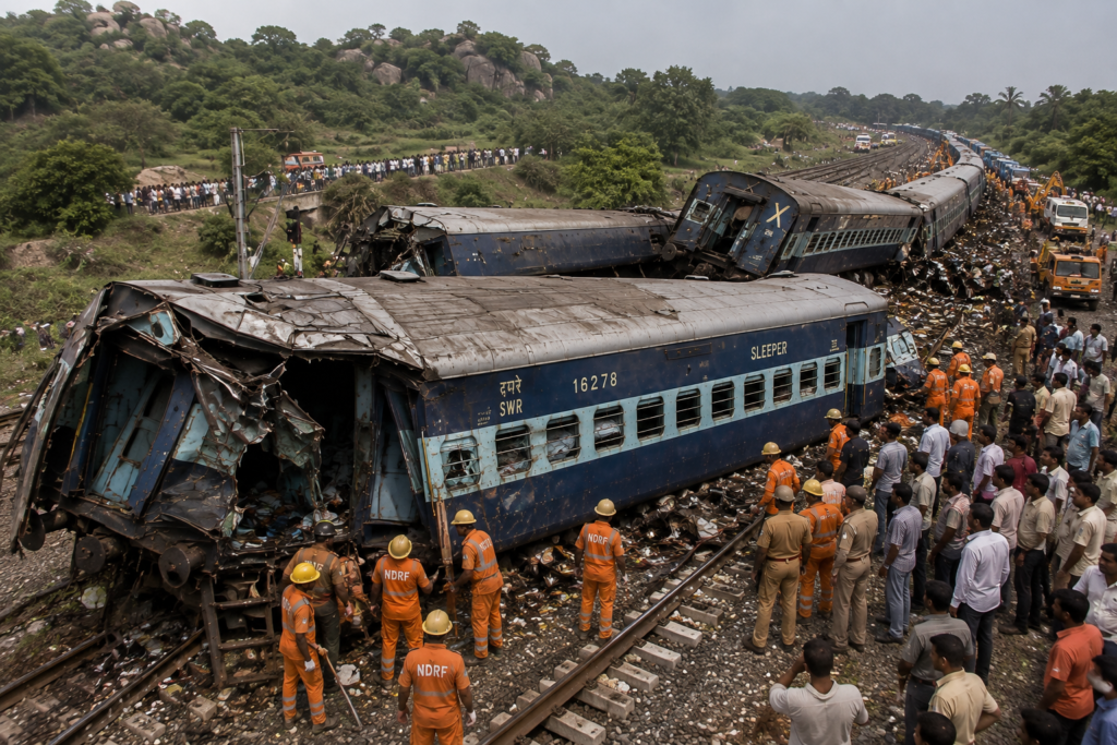 2005 की वालीगोंडा रेल दुर्घटना (तत्कालीन आंध्र प्रदेश, वर्तमान तेलंगाना) का यथार्थवादी चित्र, जिसमें बाढ़ से क्षतिग्रस्त रेलवे ट्रैक पर पटरी से उतरी ट्रेन, बचाव अभियान और राहतकर्मी दिखाई दे रहे हैं।