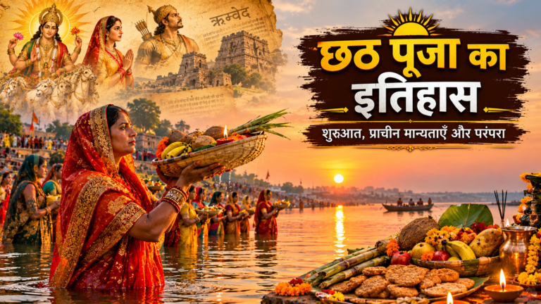 छठ पूजा में डूबते सूर्य को अर्घ्य देते श्रद्धालु और पूजा का पारंपरिक दृश्य