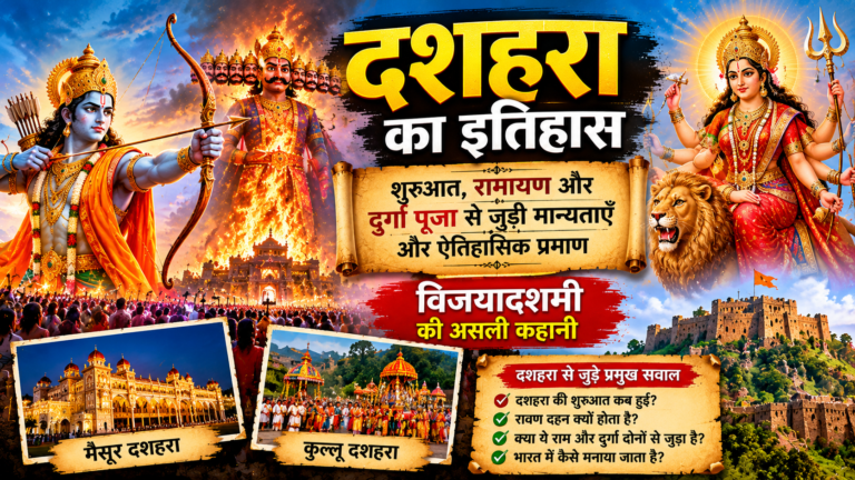 दशहरा के इतिहास को दर्शाते भगवान राम, रावण दहन, देवी दुर्गा और मैसूर व कुल्लू दशहरा के दृश्य